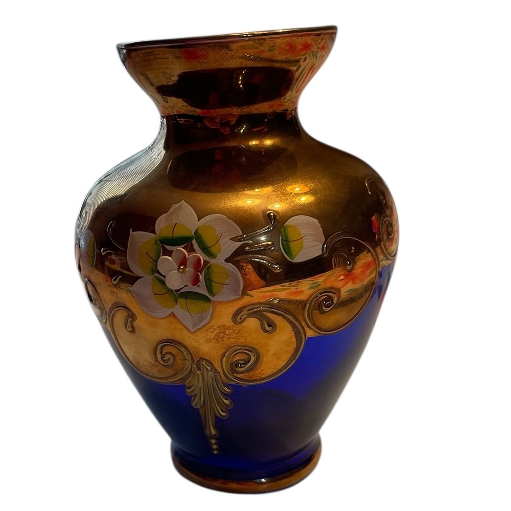 Vintage Cristal Murano Italy Cobalt Blue Vase Gold Painted Floral 6" Tre Fuochi